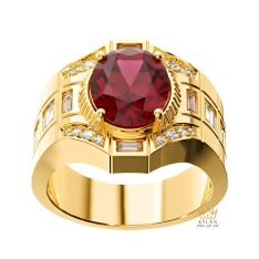 Nhẫn nam vàng Au750 đính kim cương và đá quý đỏ