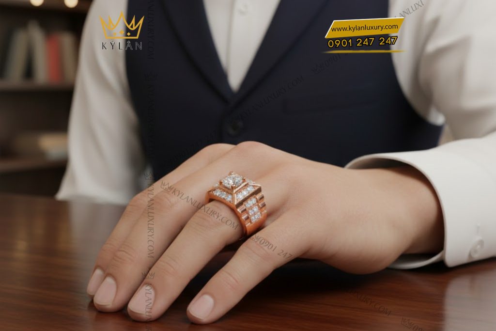 Nhẫn nam vàng hồng Au750 đính kim cương