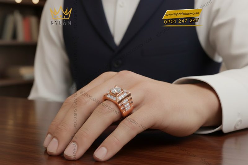 Nhẫn nam vàng hồng Au750 đính kim cương