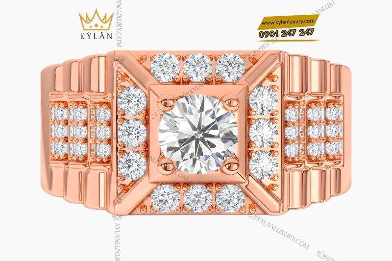 Nhẫn nam vàng hồng Au750 đính kim cương