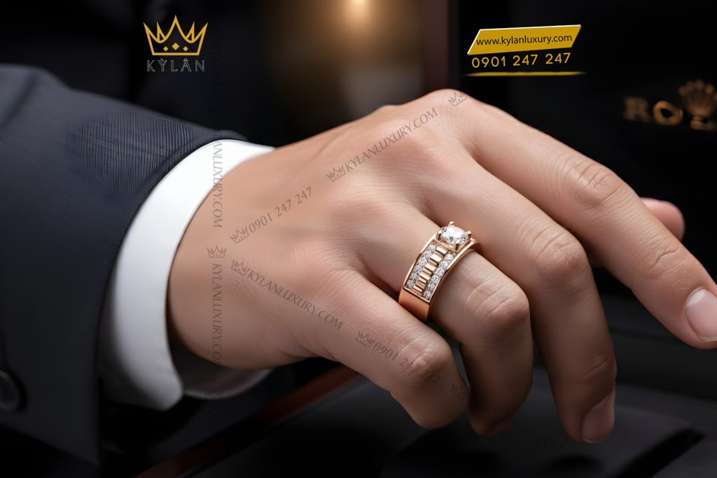 Nhẫn nam vàng hồng Au750 đính kim cương