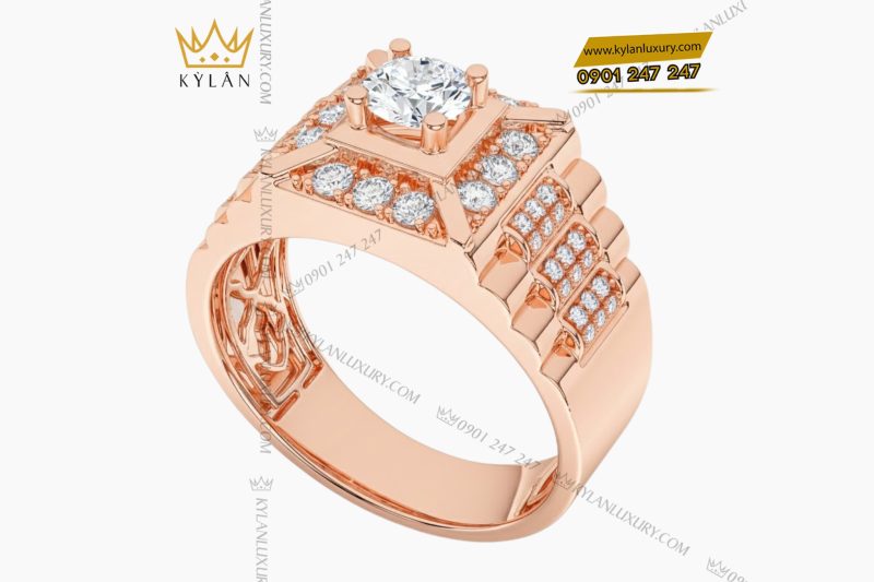 Nhẫn nam vàng hồng Au750 đính kim cương