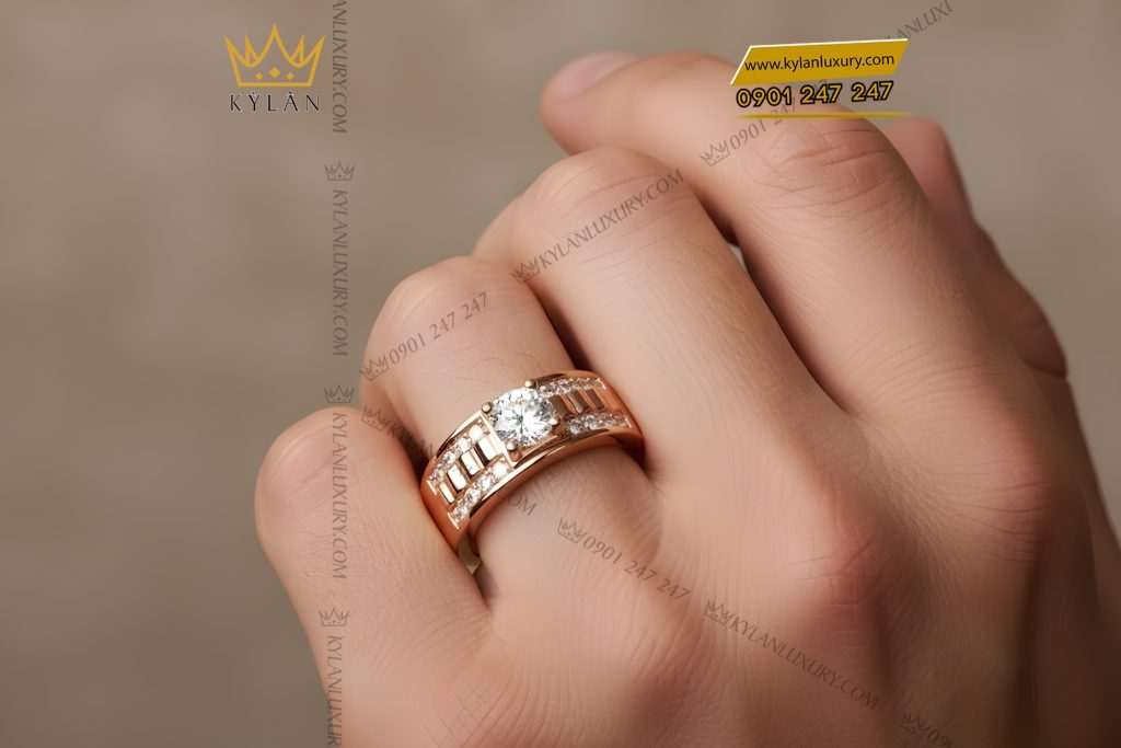 Nhẫn nam vàng hồng Au750 đính kim cương