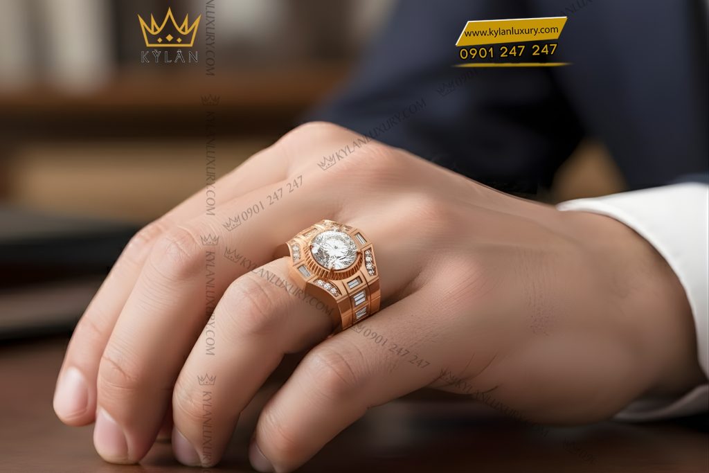 Nhẫn nam vàng hồng Au750 đính kim cương