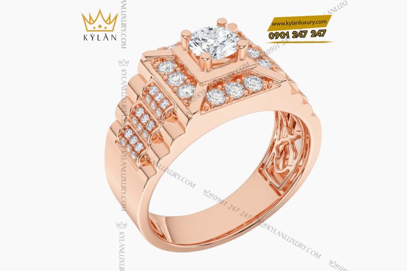 Nhẫn nam vàng hồng Au750 đính kim cương