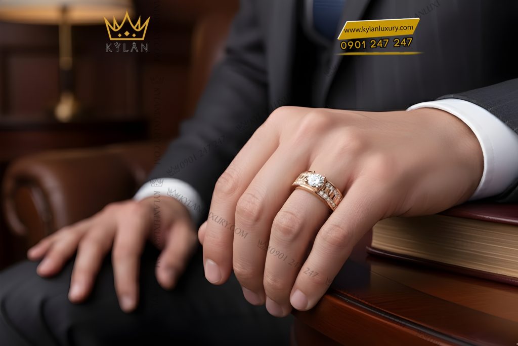 Kỳ Lân Luxury Nhan nam vang hong Au750 dinh kim cuong 8 1 Nhẫn nam vàng hồng Au750 đính kim cương