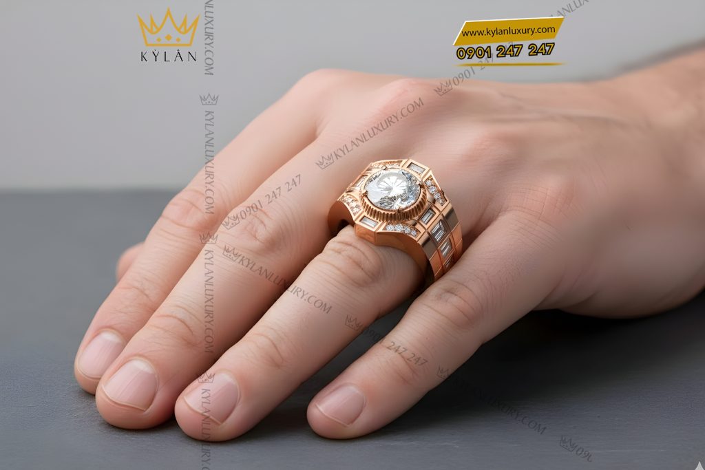 Kỳ Lân Luxury Nhan nam vang hong Au750 dinh kim cuong 8 3 Nhẫn nam vàng hồng Au750 đính kim cương