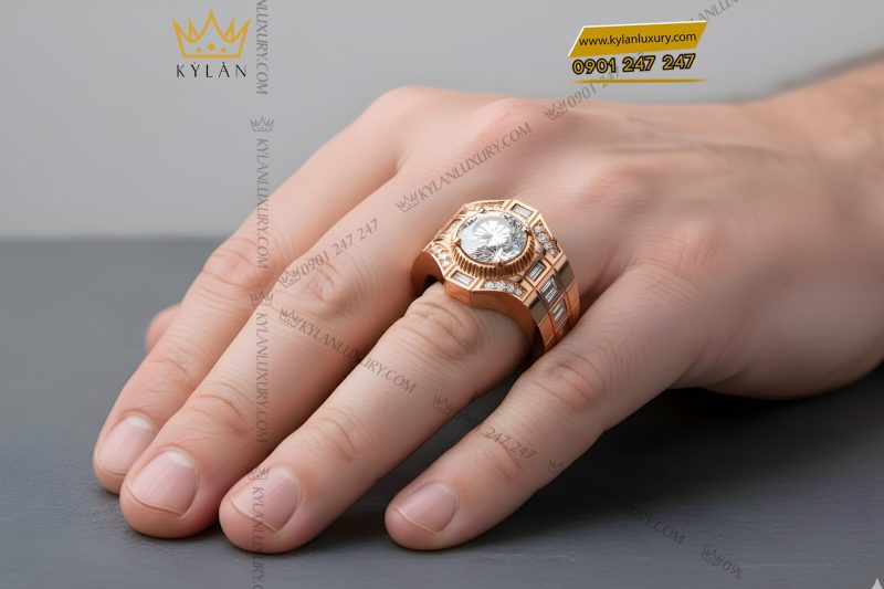 Nhẫn nam vàng hồng Au750 đính kim cương