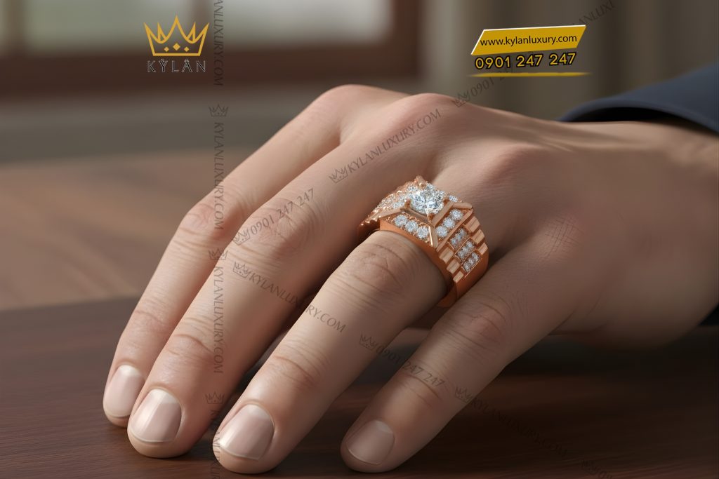 Nhẫn nam vàng hồng Au750 đính kim cương