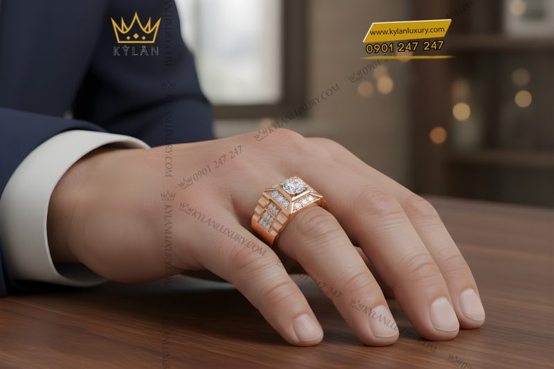 Nhẫn nam vàng hồng Au750 đính kim cương