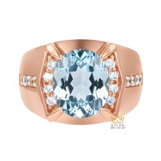 Nhẫn nam vàng hồng Au750 đính kim cương và đá Topaz xanh