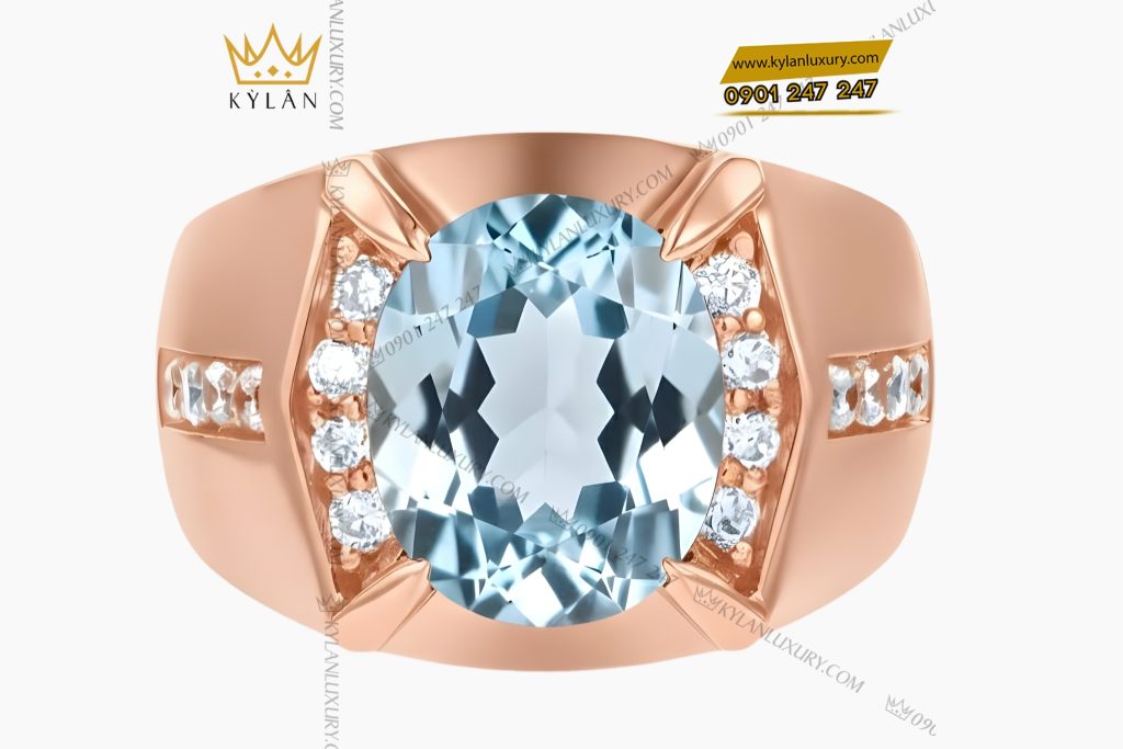 Nhẫn nam vàng hồng Au750 đính kim cương và đá Topaz xanh