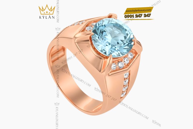 Nhẫn nam vàng hồng Au750 đính kim cương và đá Topaz xanh