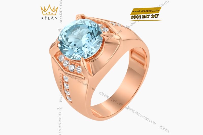 Nhẫn nam vàng hồng Au750 đính kim cương và đá Topaz xanh