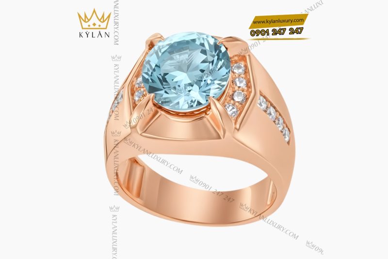 Nhẫn nam vàng hồng Au750 đính kim cương và đá Topaz xanh