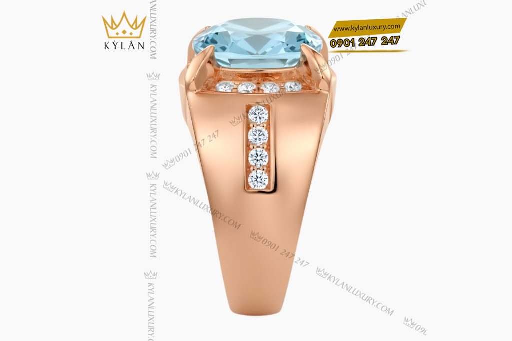 Nhẫn nam vàng hồng Au750 đính kim cương và đá Topaz xanh