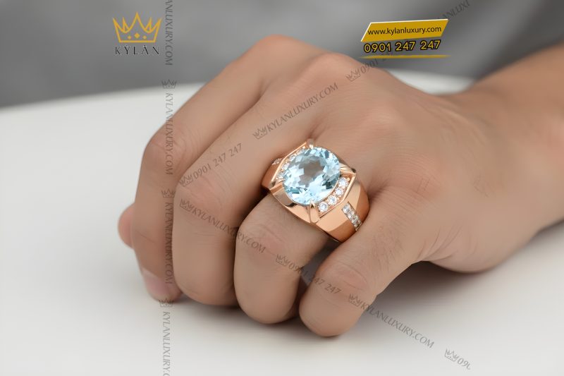 Nhẫn nam vàng hồng Au750 đính kim cương và đá Topaz xanh