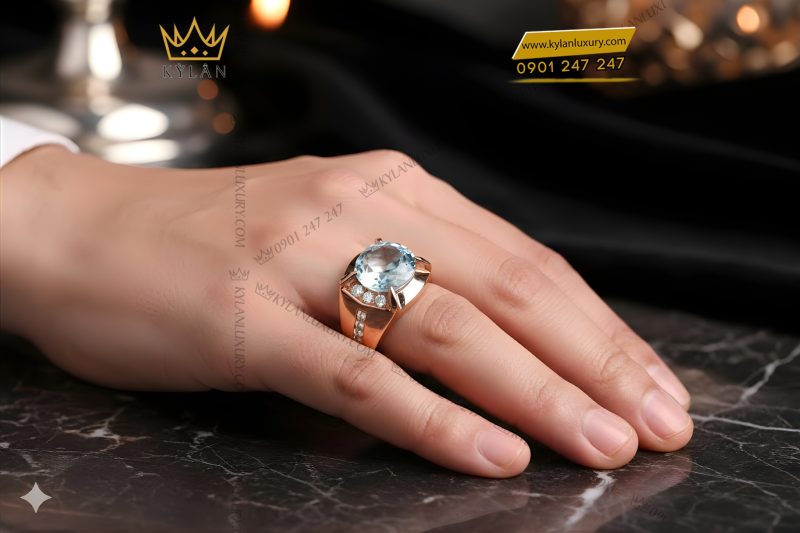 Nhẫn nam vàng hồng Au750 đính kim cương và đá Topaz xanh