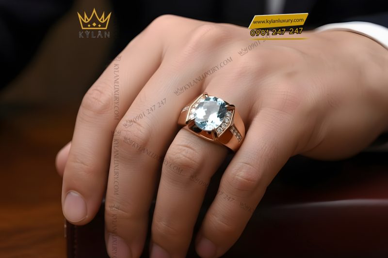 Nhẫn nam vàng hồng Au750 đính kim cương và đá Topaz xanh