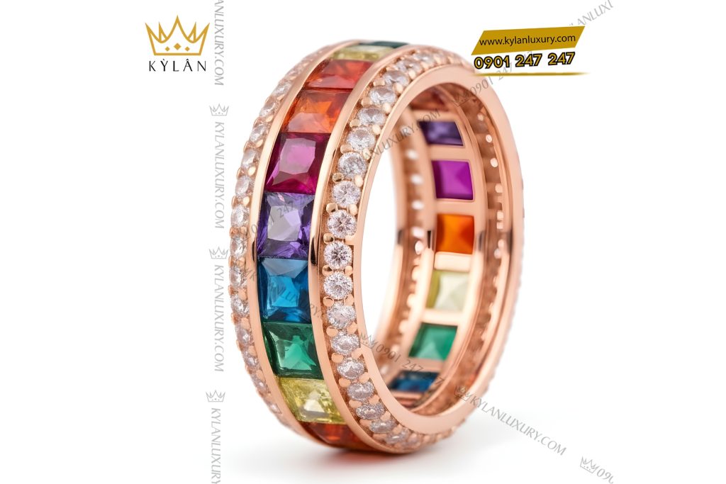 Nhẫn nam vàng hồng Au750 đính kim cương và đá quý