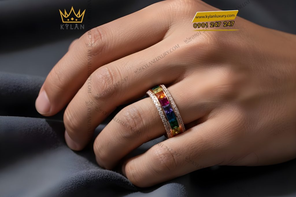 Kỳ Lân Luxury Nhan nam vang hong Au750 dinh kim cuong va da quy 7 Nhẫn nam vàng hồng Au750 đính kim cương và đá quý