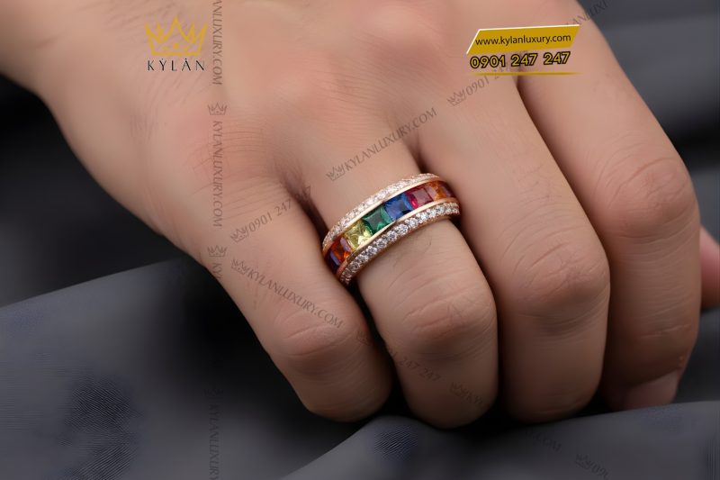 Nhẫn nam vàng hồng Au750 đính kim cương và đá quý