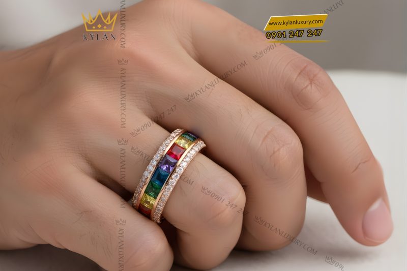 Nhẫn nam vàng hồng Au750 đính kim cương và đá quý