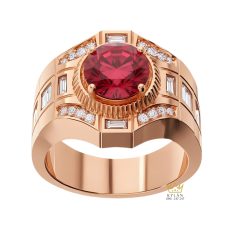 Nhẫn nam vàng hồng Au750 đính kim cương và đá quý đỏ