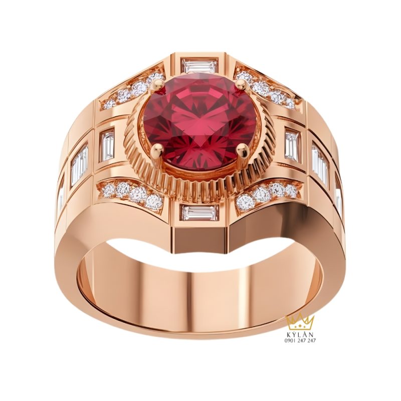 Nhẫn nam vàng hồng Au750 đính kim cương và đá quý đỏ