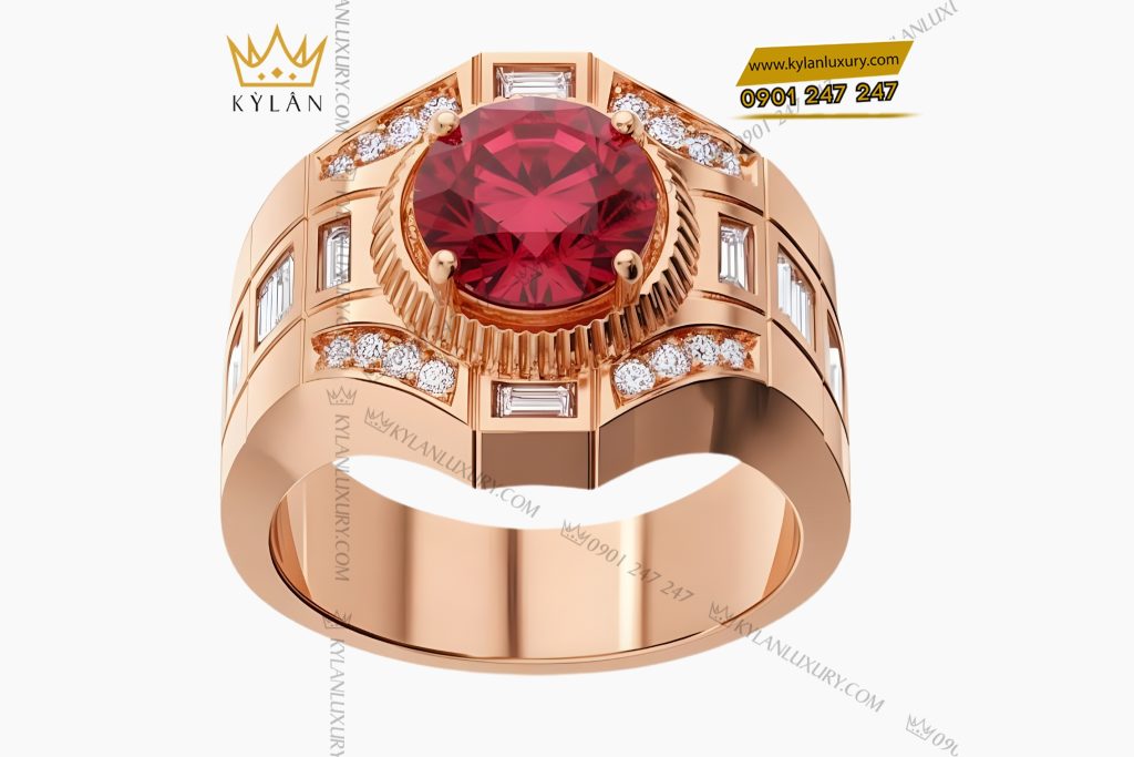 Nhẫn nam vàng hồng Au750 đính kim cương và đá quý đỏ