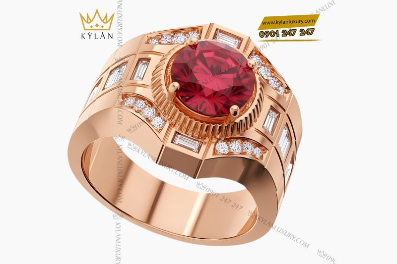 Nhẫn nam vàng hồng Au750 đính kim cương và đá quý đỏ