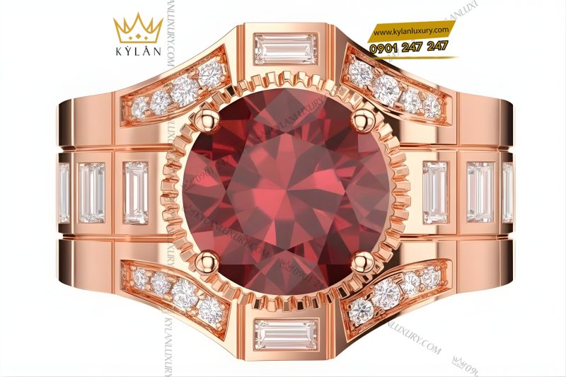 Nhẫn nam vàng hồng Au750 đính kim cương và đá quý đỏ