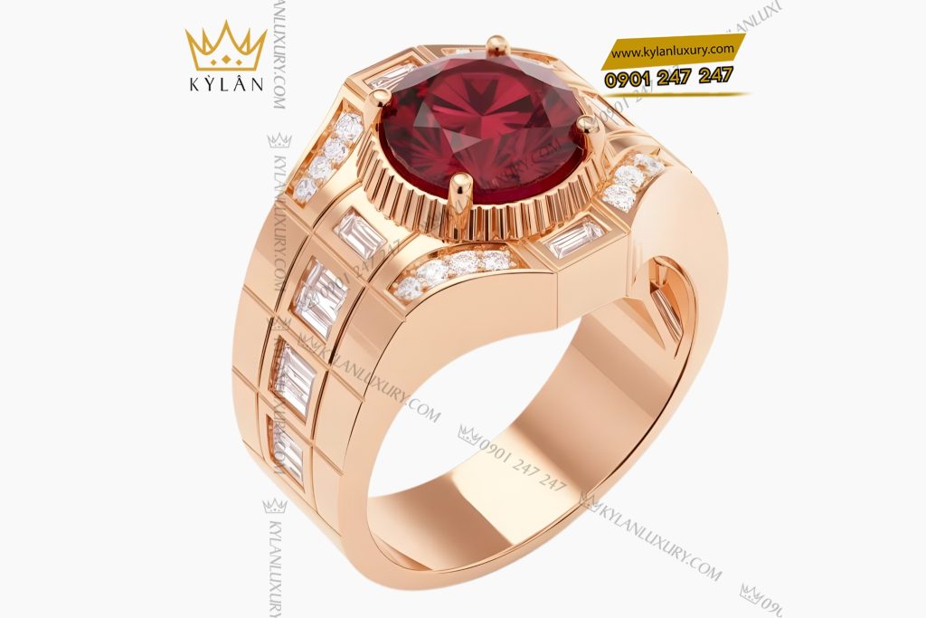 Nhẫn nam vàng hồng Au750 đính kim cương và đá quý đỏ