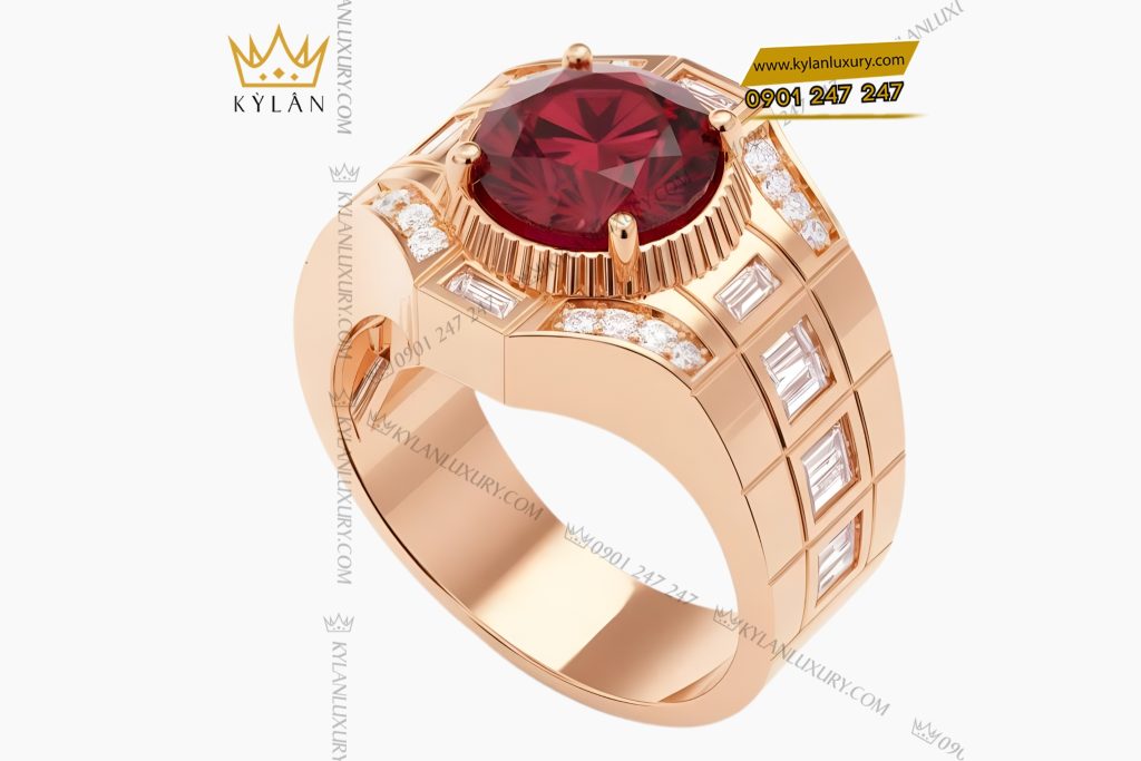 Nhẫn nam vàng hồng Au750 đính kim cương và đá quý đỏ
