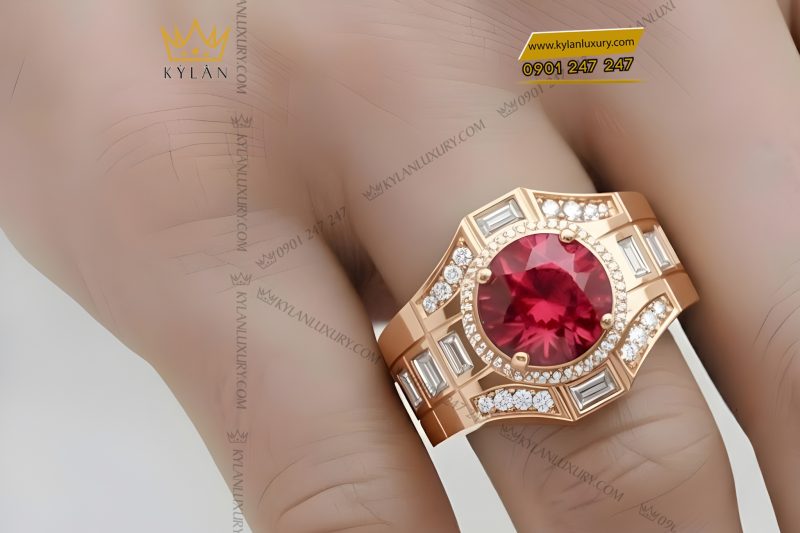 Nhẫn nam vàng hồng Au750 đính kim cương và đá quý đỏ