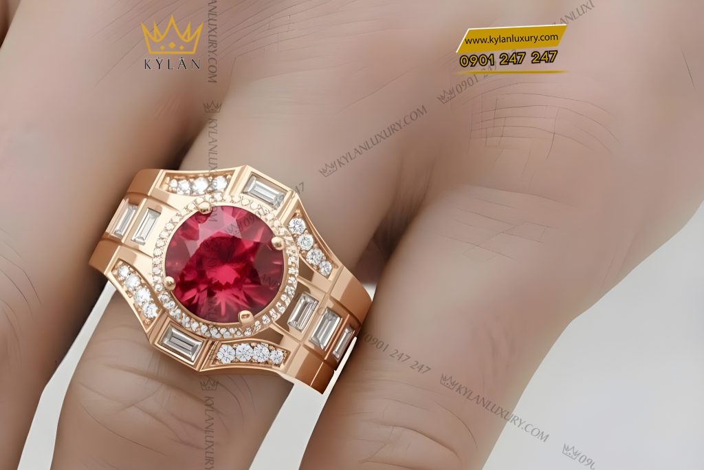 Kỳ Lân Luxury Nhan nam vang hong Au750 dinh kim cuong va da quy do 8 Nhẫn nam vàng hồng Au750 đính kim cương và đá quý đỏ