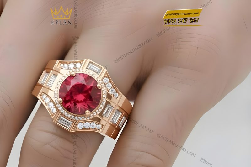 Nhẫn nam vàng hồng Au750 đính kim cương và đá quý đỏ