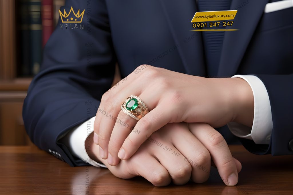 Nhẫn nam vàng hồng Au750 đính kim cương và đá quý xanh