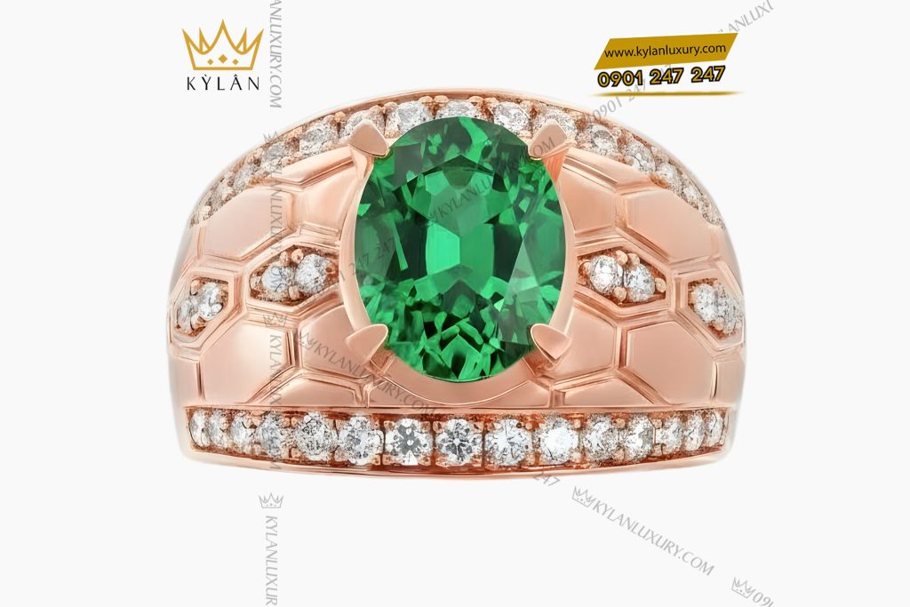 Nhẫn nam vàng hồng Au750 đính kim cương và đá quý xanh