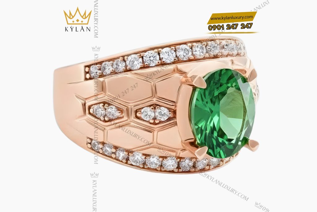 Kỳ Lân Luxury Nhan nam vang hong Au750 dinh kim cuong va da quy xanh 3 Nhẫn nam vàng hồng Au750 đính kim cương và đá quý xanh
