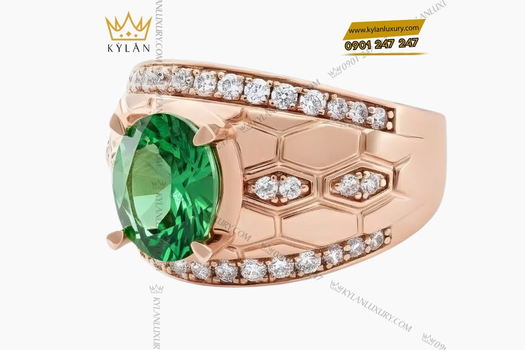 Kỳ Lân Luxury Nhan nam vang hong Au750 dinh kim cuong va da quy xanh 4 Nhẫn nam vàng hồng Au750 đính kim cương và đá quý xanh
