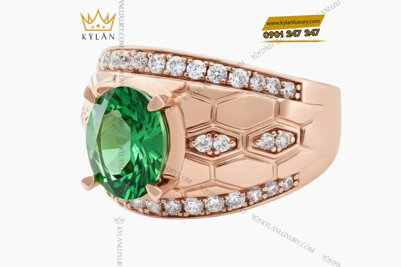 Nhẫn nam vàng hồng Au750 đính kim cương và đá quý xanh