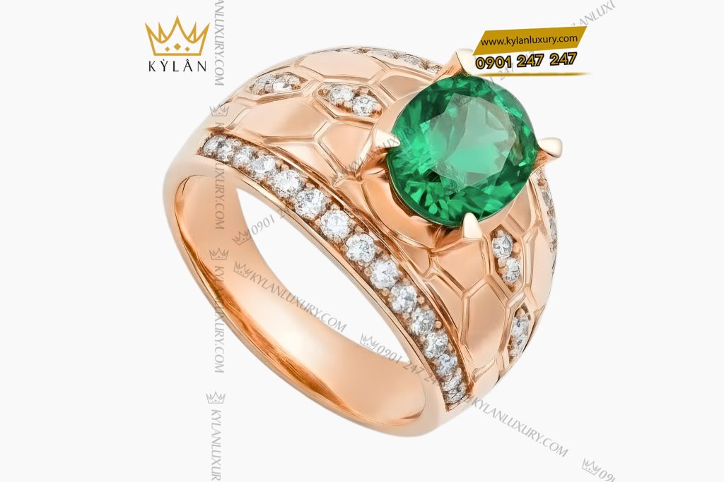 Nhẫn nam vàng hồng Au750 đính kim cương và đá quý xanh