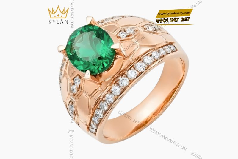 Nhẫn nam vàng hồng Au750 đính kim cương và đá quý xanh