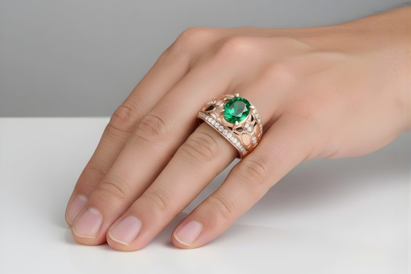 Nhẫn nam vàng hồng Au750 đính kim cương và đá quý xanh