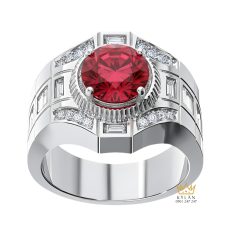 Nhẫn nam vàng trắng Au750 đính kim cương và đá quý đỏ