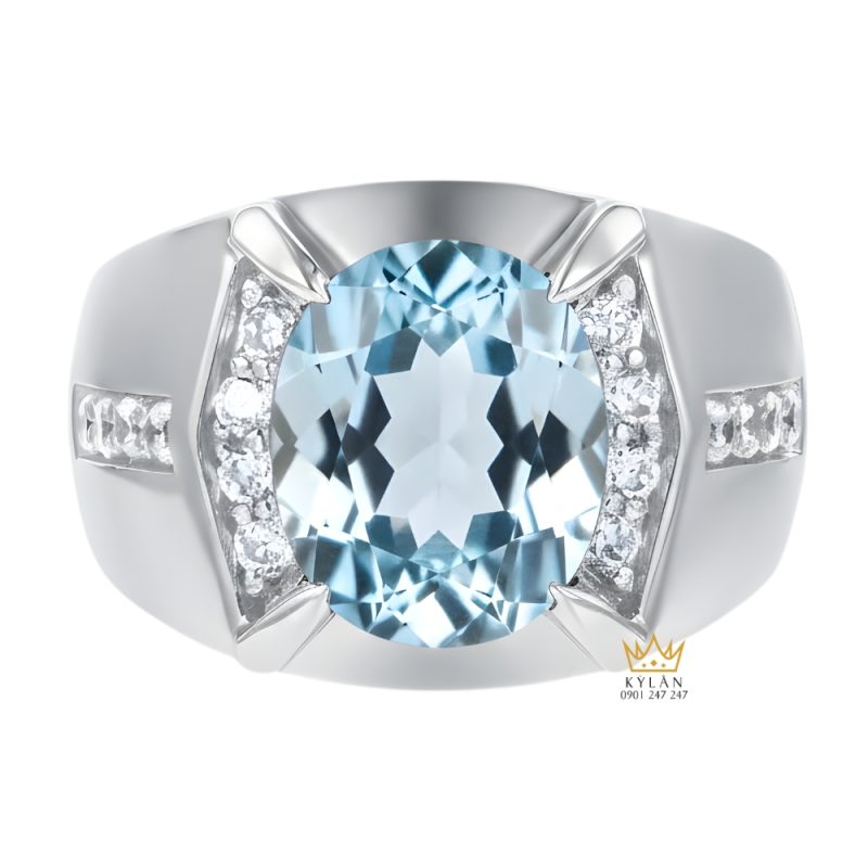 Nhẫn nam vàng trắng Au750 đính kim cương và đá Topaz xanh