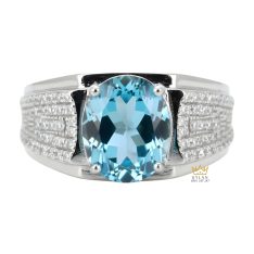 Nhẫn nam vàng trắng Au750 đính kim cương và đá Topaz xanh