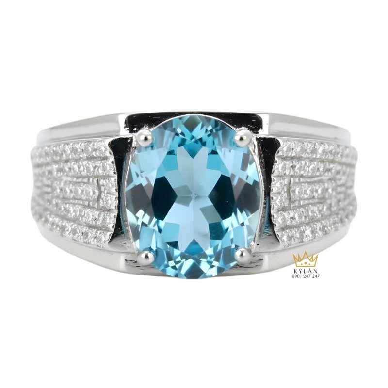 Nhẫn nam vàng trắng Au750 đính kim cương và đá Topaz xanh