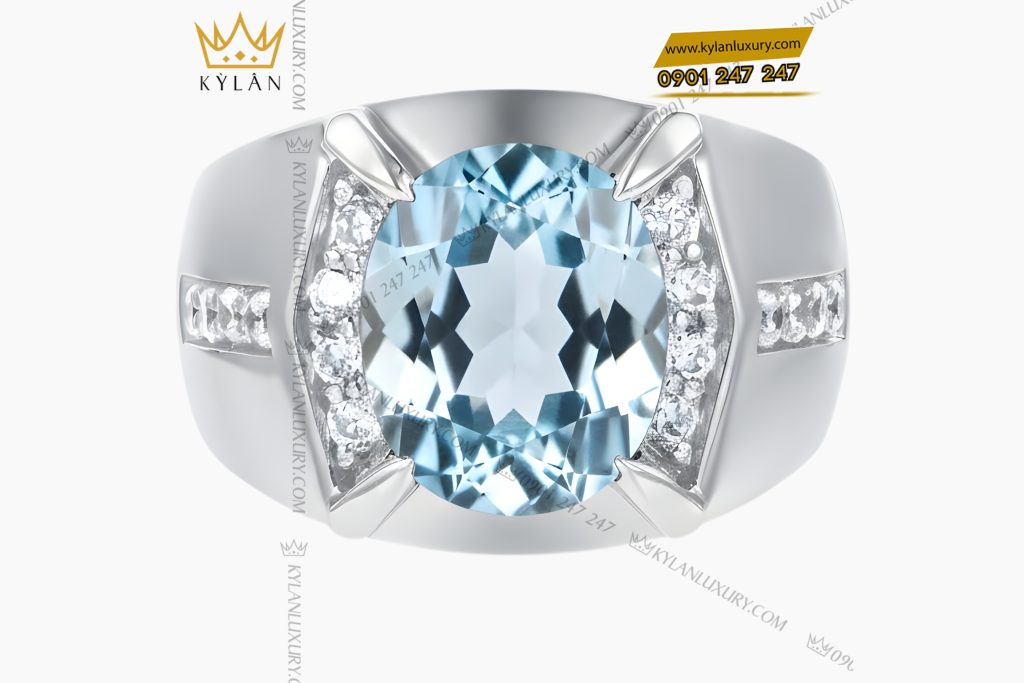 Nhẫn nam vàng trắng Au750 đính kim cương và đá Topaz xanh 3 Nhẫn nam vàng trắng Au750 đính kim cương và đá Topaz xanh